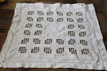 vintage Hardanger embroidery, hand stitched table mat square white on white drawn thread openwork 