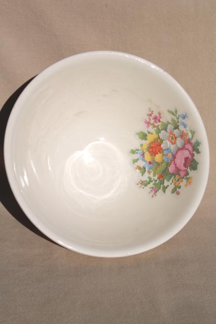 photo of vintage Harker BakeRite china bowl pudding basin, petit point flowers, cottage chic #2