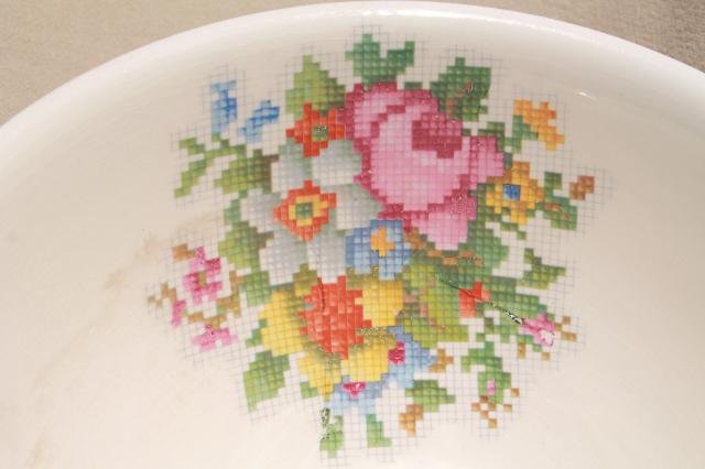 photo of vintage Harker BakeRite china bowl pudding basin, petit point flowers, cottage chic #3