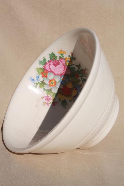 photo of vintage Harker BakeRite china bowl pudding basin, petit point flowers, cottage chic #6