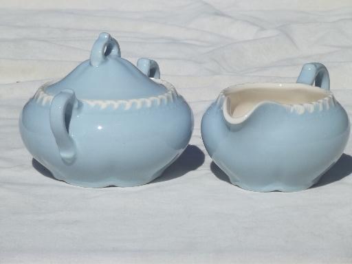 photo of vintage Harker Chesterton blue & white china cream pitcher & sugar set #3