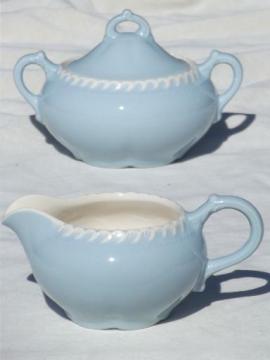 catalog photo of vintage Harker Chesterton blue & white china cream pitcher & sugar set