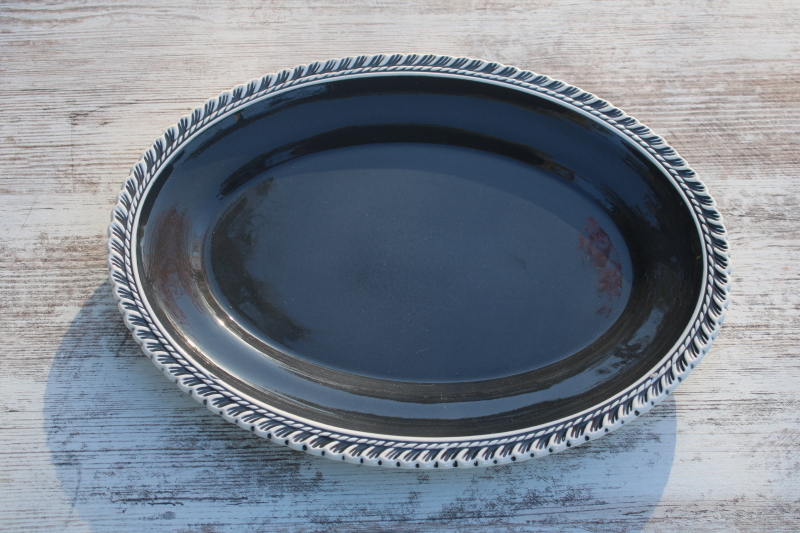 photo of vintage Harker Chesterton pattern china, charcoal grey w/ white border platter & gravy boat  #2