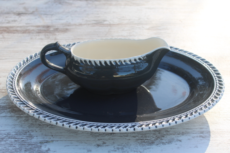 photo of vintage Harker Chesterton pattern china, charcoal grey w/ white border platter & gravy boat  #8