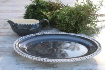 catalog photo of vintage Harker Chesterton pattern china, charcoal grey w/ white border platter & gravy boat 