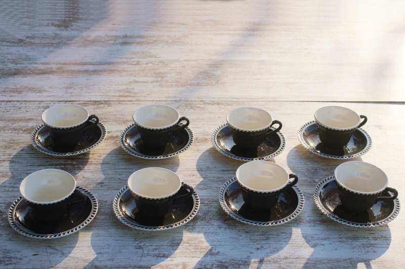 photo of vintage Harker Chesterton pattern china cups & saucers, charcoal grey w/ white  #1