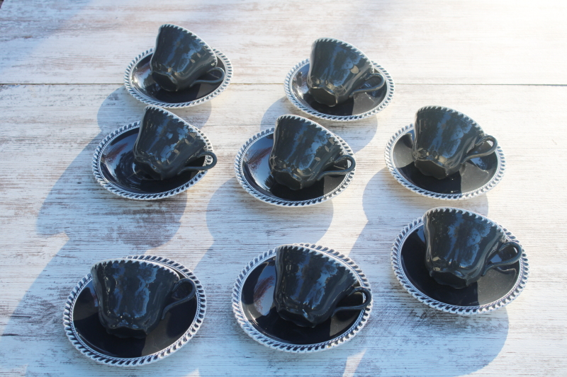 photo of vintage Harker Chesterton pattern china cups & saucers, charcoal grey w/ white  #5