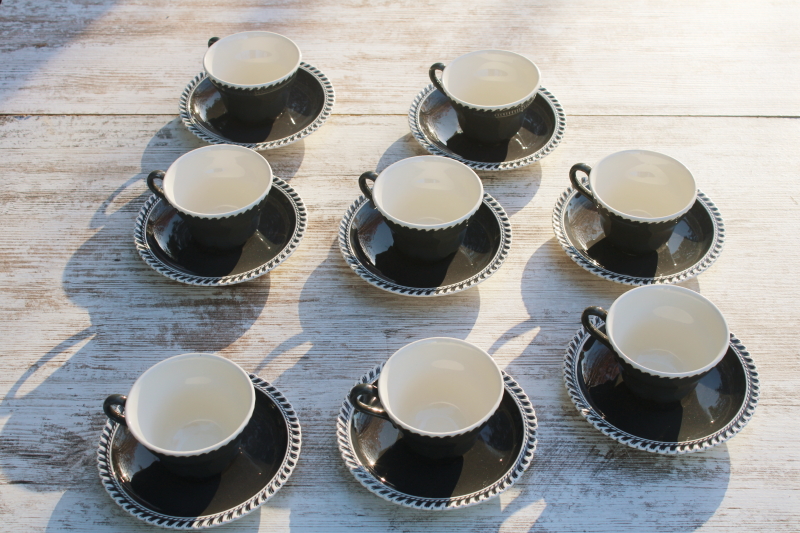 photo of vintage Harker Chesterton pattern china cups & saucers, charcoal grey w/ white  #6