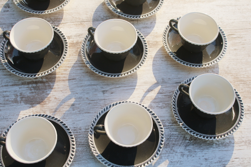 photo of vintage Harker Chesterton pattern china cups & saucers, charcoal grey w/ white  #7