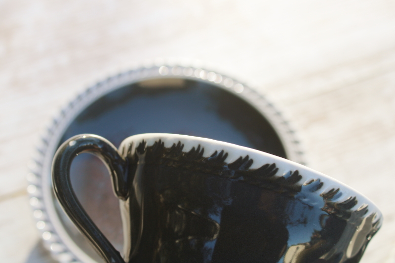 photo of vintage Harker Chesterton pattern china cups & saucers, charcoal grey w/ white  #8