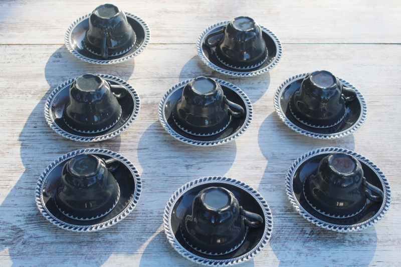 photo of vintage Harker Chesterton pattern china cups & saucers, charcoal grey w/ white  #9