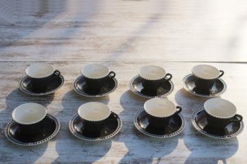 catalog photo of vintage Harker Chesterton pattern china cups & saucers, charcoal grey w/ white 