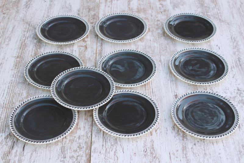 photo of vintage Harker Chesterton pattern dessert plates, charcoal grey w/ white gadroon crimped border  #1