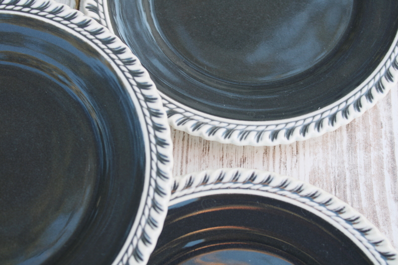 photo of vintage Harker Chesterton pattern dessert plates, charcoal grey w/ white gadroon crimped border  #2