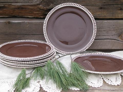 photo of vintage Harker Chesterton white gadroon edge chocolate brown dinner plates #1