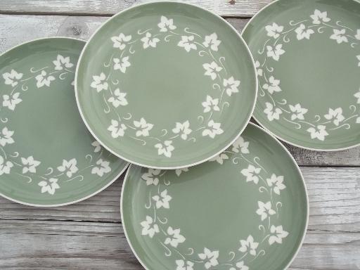 photo of vintage Harker cameoware green ivy cameo ware china dinner plates #1