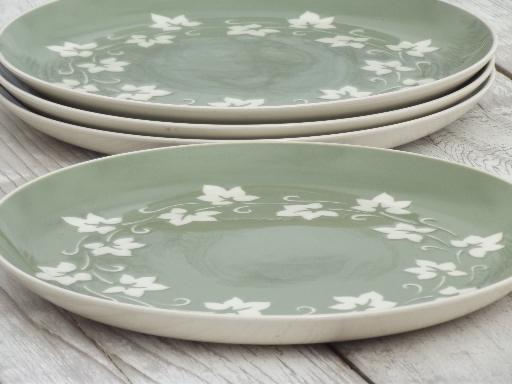 photo of vintage Harker cameoware green ivy cameo ware china dinner plates #3