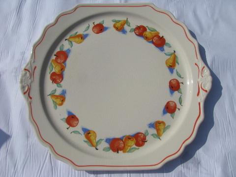 photo of vintage Harker china, Apple & Pear pattern cake or chop plate, lug handles #1