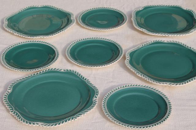 photo of vintage Harker china Corinthian square salad plates & dessert plates, spruce teal green gadroon #1