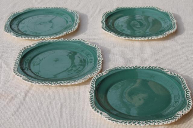 photo of vintage Harker china Corinthian square salad plates & dessert plates, spruce teal green gadroon #2