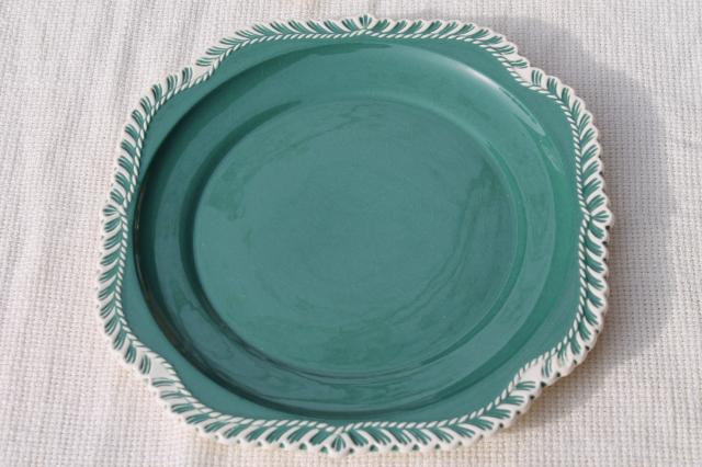 photo of vintage Harker china Corinthian square salad plates & dessert plates, spruce teal green gadroon #3