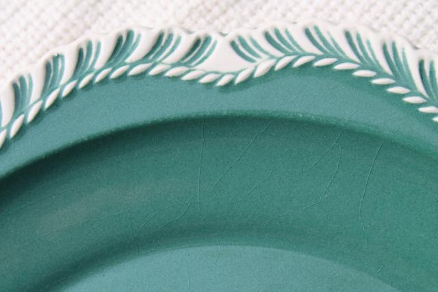 photo of vintage Harker china Corinthian square salad plates & dessert plates, spruce teal green gadroon #4