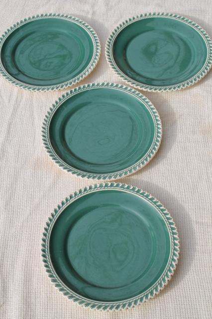 photo of vintage Harker china Corinthian square salad plates & dessert plates, spruce teal green gadroon #5