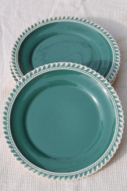 photo of vintage Harker china Corinthian square salad plates & dessert plates, spruce teal green gadroon #6