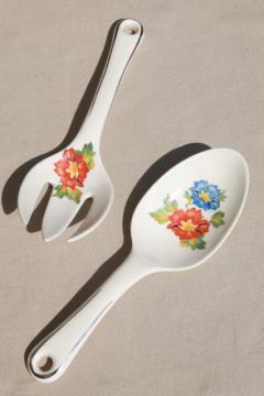 catalog photo of vintage Harker china Jewel Weed red blue floral pottery spoon & fork salad servers