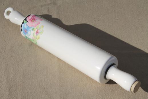 photo of vintage Harker china Mallow pattern rolling pin, Harkerware hollyhocks floral #1