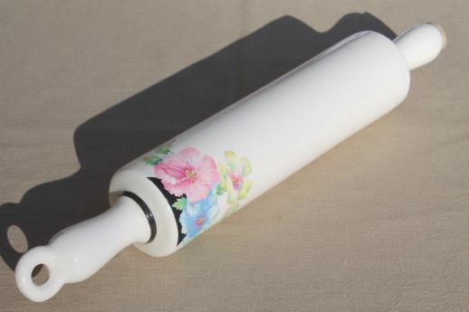 photo of vintage Harker china Mallow pattern rolling pin, Harkerware hollyhocks floral #2