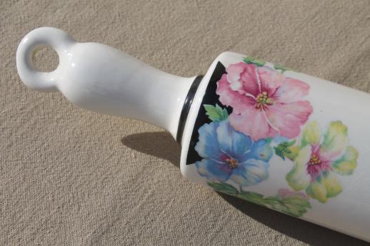 photo of vintage Harker china Mallow pattern rolling pin, Harkerware hollyhocks floral #5