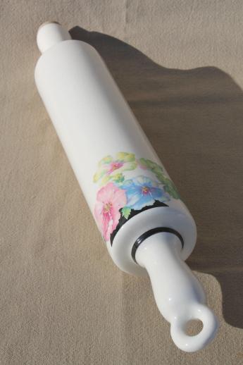 photo of vintage Harker china Mallow pattern rolling pin, Harkerware hollyhocks floral #6