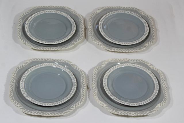 photo of vintage Harker ware Chesterton pie crust feather edge china grey & white plates #1