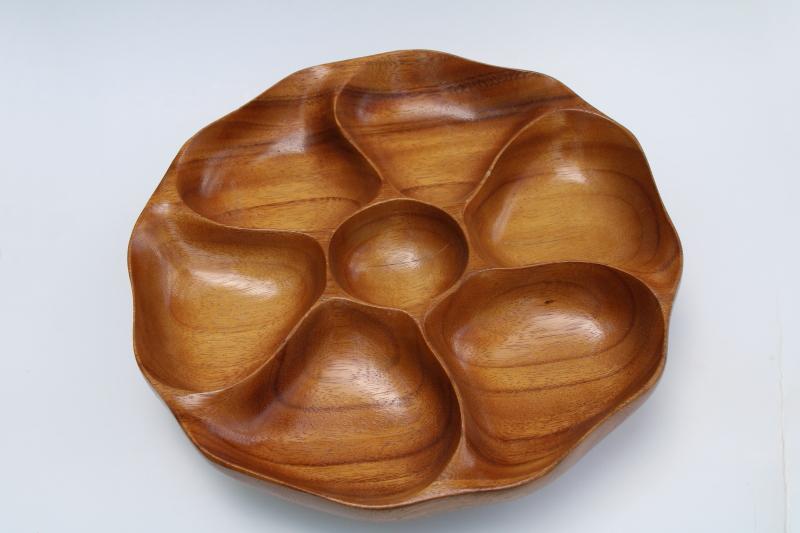 photo of vintage Hawaii mokey pod wood lazy susan relish tray, retro tiki bar snacks server  #1