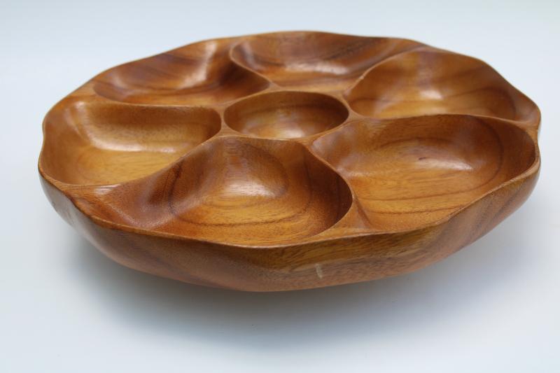 photo of vintage Hawaii mokey pod wood lazy susan relish tray, retro tiki bar snacks server  #2