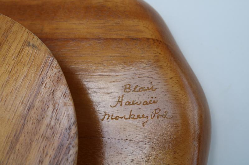 photo of vintage Hawaii mokey pod wood lazy susan relish tray, retro tiki bar snacks server  #5