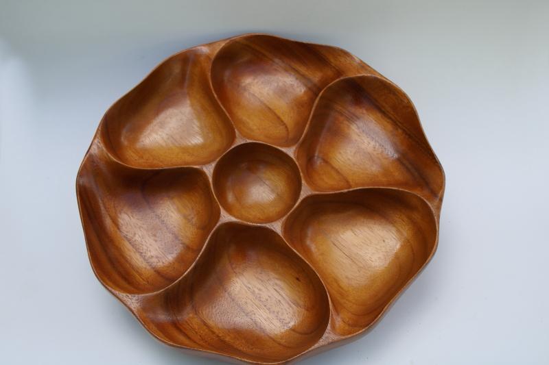 photo of vintage Hawaii mokey pod wood lazy susan relish tray, retro tiki bar snacks server  #6