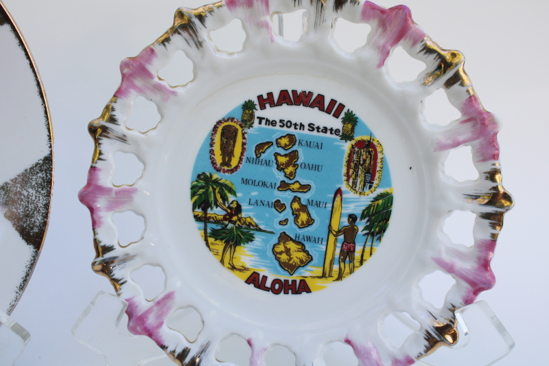 photo of vintage Hawaii souvenir plates Hawaiian Islands map print, retro pink luster & gold #3