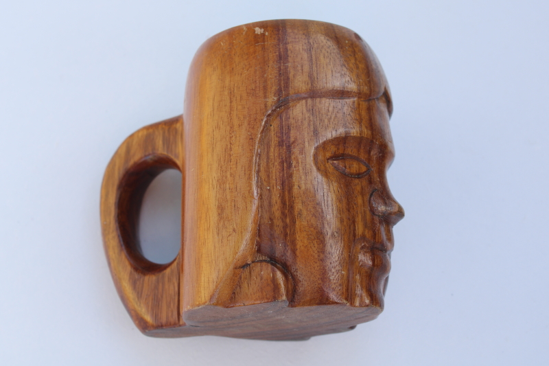 photo of vintage Hawaiian monkey pod wood mug, carved face native Polynesian Pacific Islander #3