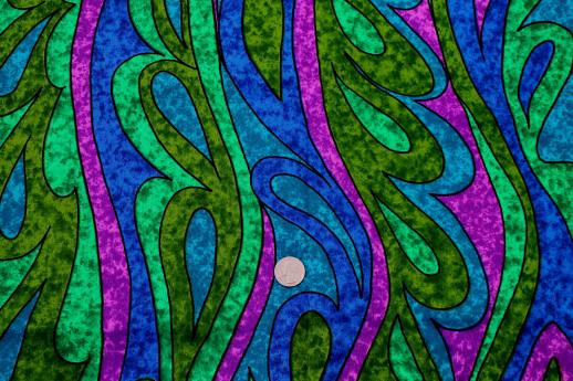 photo of vintage Hawaiian print fabric from Hawaii, 60s mod psychedelic poly crepe fabric #1