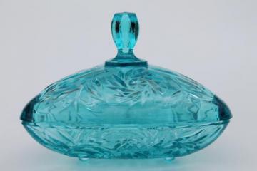 catalog photo of vintage Hazel Atlas blue glass candy dish, pinwheel pattern glass triangle shape box