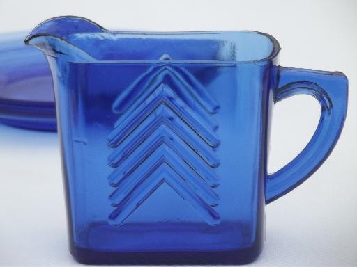 photo of vintage Hazel Atlas cobalt blue depression glass cream pitcher & plate #2