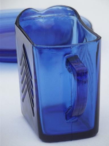 photo of vintage Hazel Atlas cobalt blue depression glass cream pitcher & plate #3