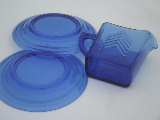 photo of vintage Hazel Atlas cobalt blue depression glass cream pitcher & plate #7