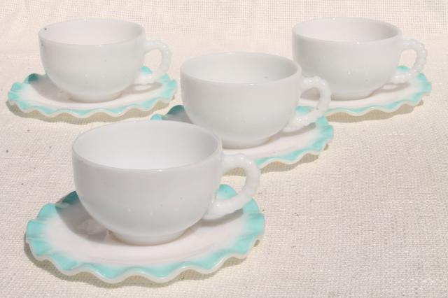 photo of vintage Hazel Atlas crinoline aqua blue ripple milk glass cups & saucers #1