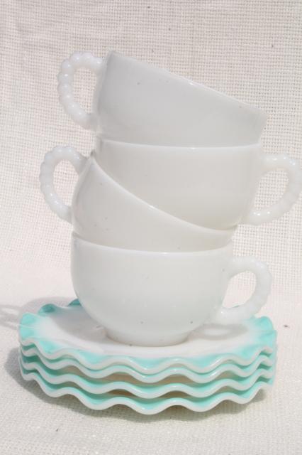 photo of vintage Hazel Atlas crinoline aqua blue ripple milk glass cups & saucers #2