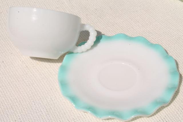 photo of vintage Hazel Atlas crinoline aqua blue ripple milk glass cups & saucers #4