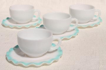 catalog photo of vintage Hazel Atlas crinoline aqua blue ripple milk glass cups & saucers