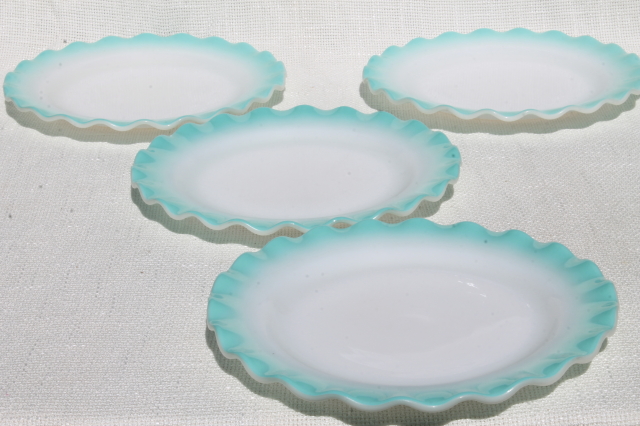 photo of vintage Hazel Atlas crinoline aqua blue ripple milk glass luncheon / salad plates #2